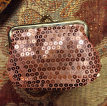 Small Pink Caboodles Sequin bling Coin Purse With Kisslock Polka Dot lining - £7.95 GBP