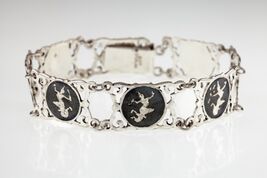 Vintage Thai Silver Siam Niello Black Enamel Panel Bracelet 7.25&quot; - €135,75 EUR