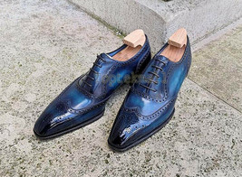 Handmade Men&#39;s Leather Oxford Wingtip Brogue Dark Blue Super Stylish Shoes-679 - £174.61 GBP