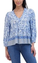 Lucky Brand Womens Top Blue Floral Blouse V-Neck 3/4 Sleeves Henna Gauze - $34.99+