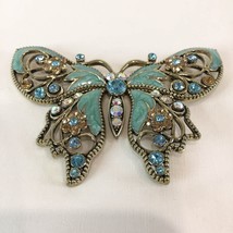 Avon Butterfly Large Statement Brooch Pin Turquoise Enamel w Rhinestones Marked - £27.68 GBP
