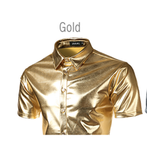 Men&#39;s Large Metallic Gold Shirt Button Down S/S Disco Nightclub Costume Party - £13.31 GBP