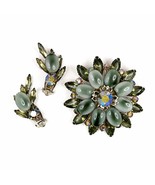 Celebrity Gray Cabochon &amp; AB Rhinestones Brooch Earrings Set Vintage Jew... - €67,59 EUR