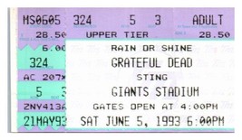 Grateful Dead Konzert Ticket Stumpf Juni 5 1993 Giants Stadium Neu Jerseystoff - £42.96 GBP