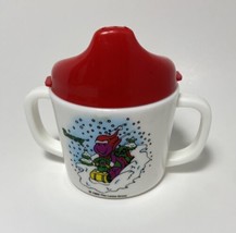 Vtg 1993 Barney Snow Sledding Plastic Sippy Cup Double Handle Purple Din... - $19.44