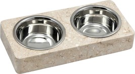 1 Pint Natural Champagne Marble Double Diner Pet Food &amp; Water Bowl Set - $35.99