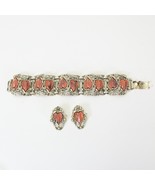 Coral Filigree Bracelet 7&quot; Long plus Clip Earrings Estate Jewelry - $10.99 CAD
