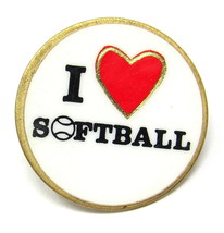 I Love Softball Clutch Pin Back Lapel Hat 2/3&quot; Red Heart White Gold Spor... - £7.77 GBP