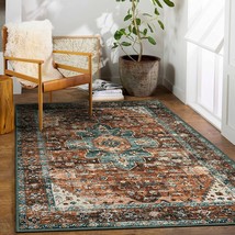 Brick Red/Dull Teal Moynesa Ultra-Thin Washable Vintage Area Rug, 5X7 Large - £74.74 GBP