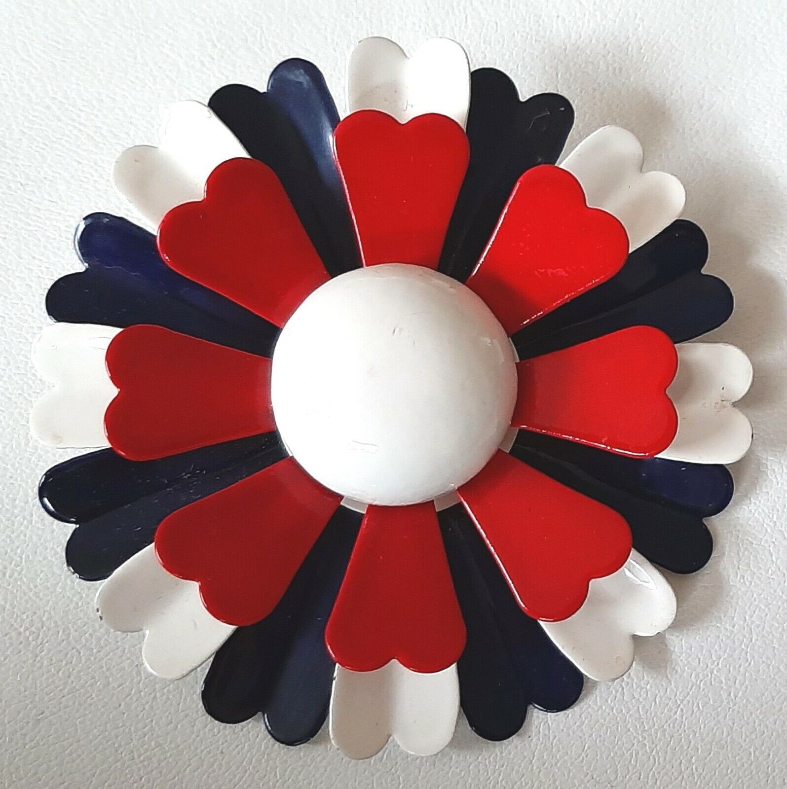 Primary image for FLOWER POWER Brooch Pin Patriotic Metal Enamel Red White and Blue 1960s