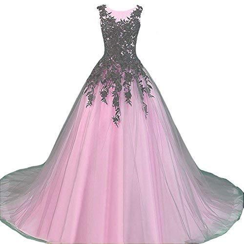 Gothic Gray Tulle Long Black Lace Sheer Bateau Prom Wedding Dresses Pink US 8