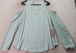 Jennifer Lopez Blouse Top Womens Large Seafoam Long Cold Shoulder Sleeve V Neck - $23.09