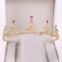 Handmade Bridal Headpiece Rhinestone Pink Flower Crown Tiara Women Headband Brid - £15.29 GBP