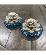 Vtg MCM Blue Acrylic Lucite Silver Flakes Silvertone Flower Candle Holders - $49.49