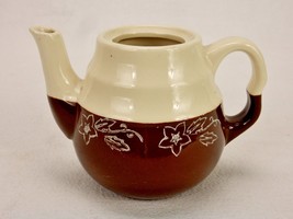 2-Tone Stoneware Teapot, Brown &amp; Ivory, Hand Painted Floral, No Lid, Vintage - £7.62 GBP