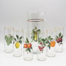 Water Iced Tea Set Beverage Pitcher 6 Glasses 7 Pc Gold Rim Fruit Pattern - $213.87