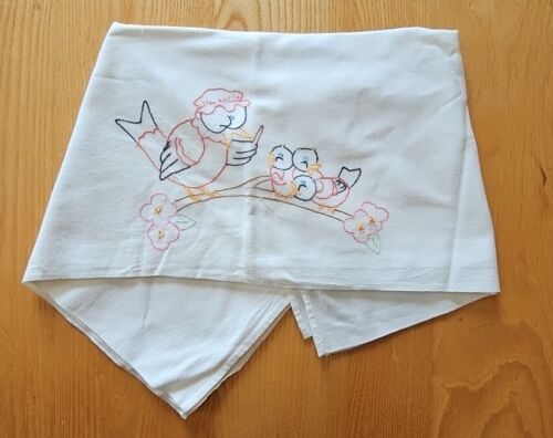 Primary image for Vintage Flour Sack Towel Hand Embroidered Momma Bird and Babies Singing Lessons