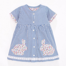NEW Floral Bunny Rabbit Girls Blue Striped Button Down Easter Dress  - £9.56 GBP