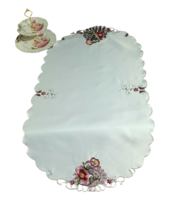 White Summer Floral Runner, Oval Runner Colorful Embroidered Roses, 24x48&#39;&#39; - $39.00