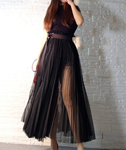 Black Pleated Long Tulle Skirt Outfit Women Plus Size Side Slit Tulle Skirt image 2
