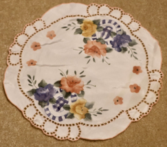 Spring Floral Round White Doily Cutwork Pink Edge 12 Inch - $11.83