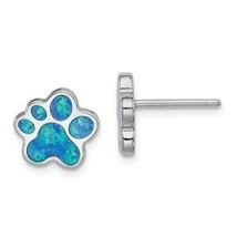 Sterling Silver Rhodium-plated Created Blue Opal Paw Print Post Earrings - £41.66 GBP