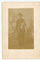 Antique Circa 1900s Small Unique Cabinet Card Man Wearing Hat Holding Trombone - £18.34 GBP