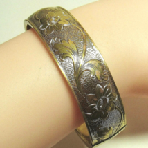 Vintage Brass Cuff Hinged Bangle Bracelet with Safety Chain Engraved Flo... - $16.81