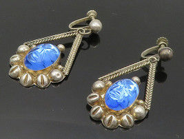 MEXICO 925 Silver - Vintage Face Carved Blue Topaz Dangle Earrings - EG8138 - £50.20 GBP