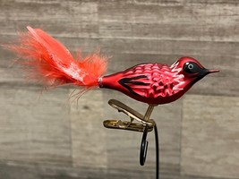 Red Cardinal Blown Glass Clip On Bird Ornament w/ Feather Tail - Vintage! - $19.34