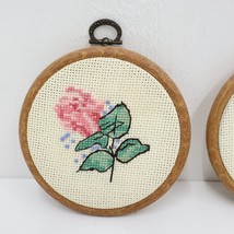 Floral Rose Round Cross Stitch Set of 2 4.5&quot; Framed Hanging Cottagecore Decor - £24.35 GBP