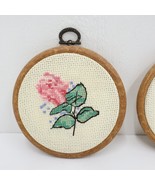 Floral Rose Round Cross Stitch Set of 2 4.5&quot; Framed Hanging Cottagecore ... - £23.59 GBP