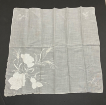 Handkerchief Linen Appliquéd White Ladies Floral Rolled Hem 15.5 inch - £7.74 GBP