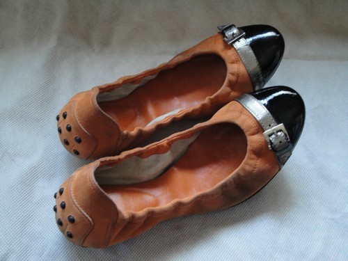 TODS sporty Ballet Flats Orange Suede w/ Patterned Leather Toe Sz 6 Item image 9