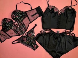 Victoria&#39;s Secret Longline 32C,34B Bra Set+Panty+Cami Set Black Floral Embroider - £150.35 GBP