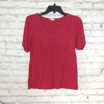Charter Club Women&#39;s Small S Solid Red Short Sleeve V-Neck Crochet Blouse Top - £8.84 GBP
