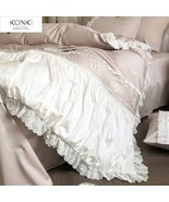 French Retro Style Flower Embroidery Cotton Duvet Cover Ruffle Bedding S... - $263.14+