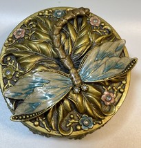 Vintage Enamel Dragonfly Box Makeup Jewelry Lidded Round Mirror Metal Cr... - $28.04