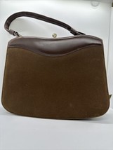 Vintage Brown Felt 70s Bag Vtg Soft Faux Suede Gold Trim Medium Bag - £7.77 GBP