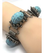 Vintage Wide Bracelet Faux Turquoise Lucite Cabochon Openwork Panels 7.5” - $59.00 CAD