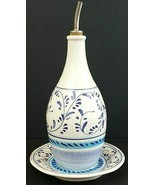 Crate &amp; Barrel Oil Cruet Pour Bottle &amp; Plate Blue Pattern 12&quot; With Spout... - $17.75