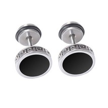 1 Pair Male Earring Stud Stainless Steel Drop Oil for Men Unisex Carved with Gre - £8.51 GBP