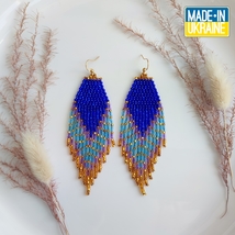 Long beaded earrings with pattern, blue-brown-purple-cyan, gift - £21.17 GBP