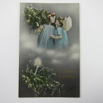 Christmas Postcard Girl &amp; Angel Blue Dress Tree Candle Gold Antique UNPOSTED - £7.94 GBP