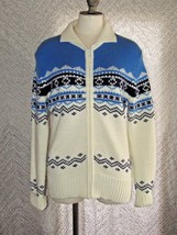 Vintage Euro Mod Elan Life Zip-Up Knit Sweater Blue &amp; White Winter Theme... - £16.56 GBP