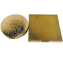 Estée Lauder Compacts Metal Gold Tone 2 Floral Stripe Powder 2.5” 3” vtg - £18.63 GBP