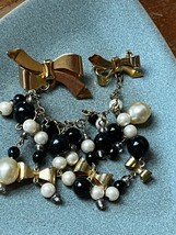 Vintage Two Goldtone Ribbon Bow Connected by Chain w Black &amp; Cream Faux Pearl - $11.29