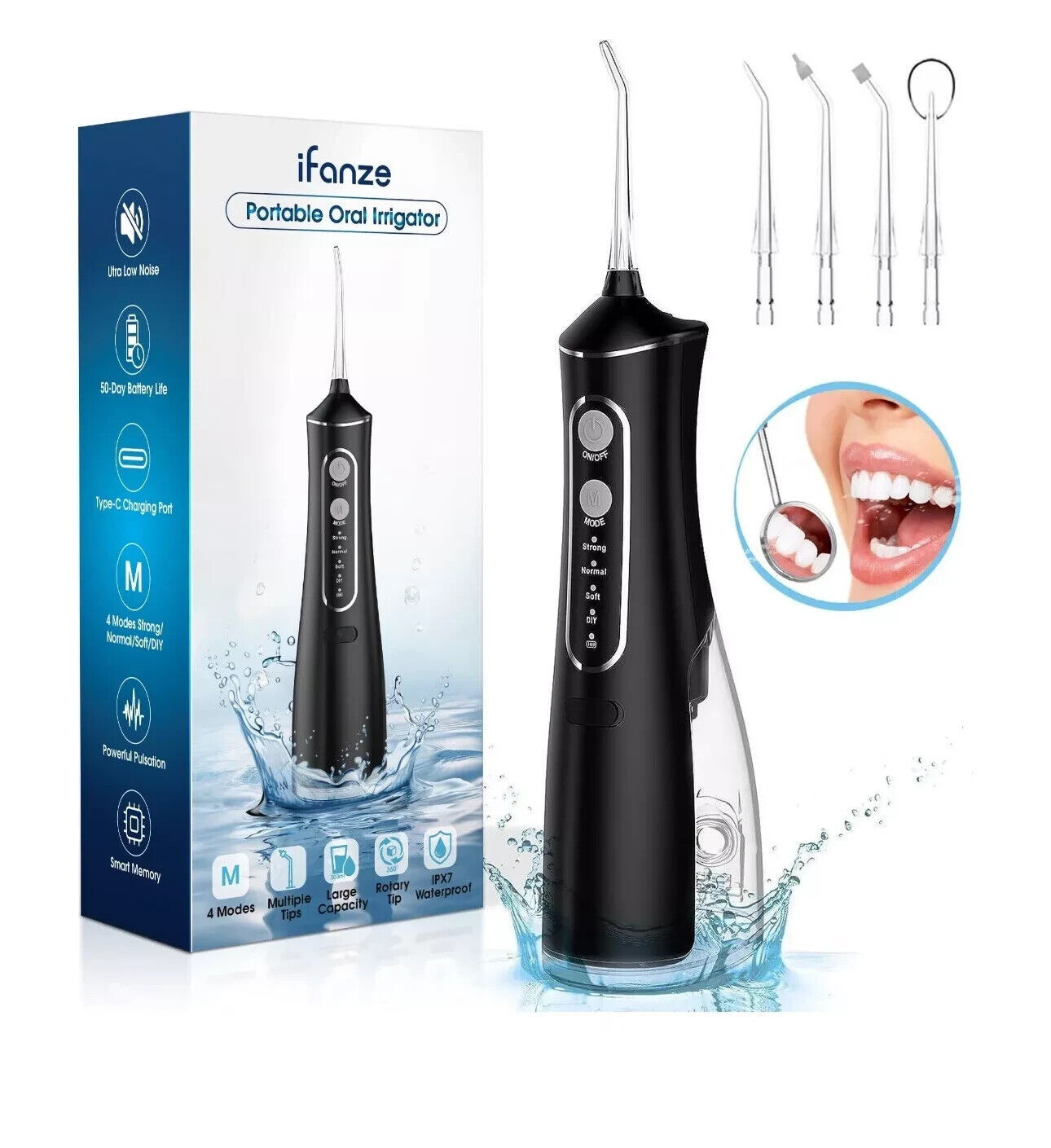 iFanze Black Cordless Water Flosser Dental Oral Irrigator with 4 Cleaning Modes