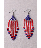 Fiery Red American Flag Beaded Fringed Hook Earrings - $9.18 CAD