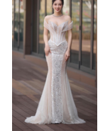 Stunning Mermaid Wedding Dress with Off-Shoulder Heart Neckline and Shim... - $579.00